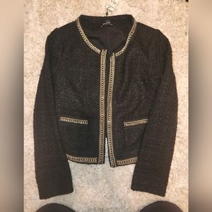 Black tweed jacket with gold chain trim